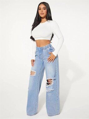 Distressed Wide-Leg Jeans